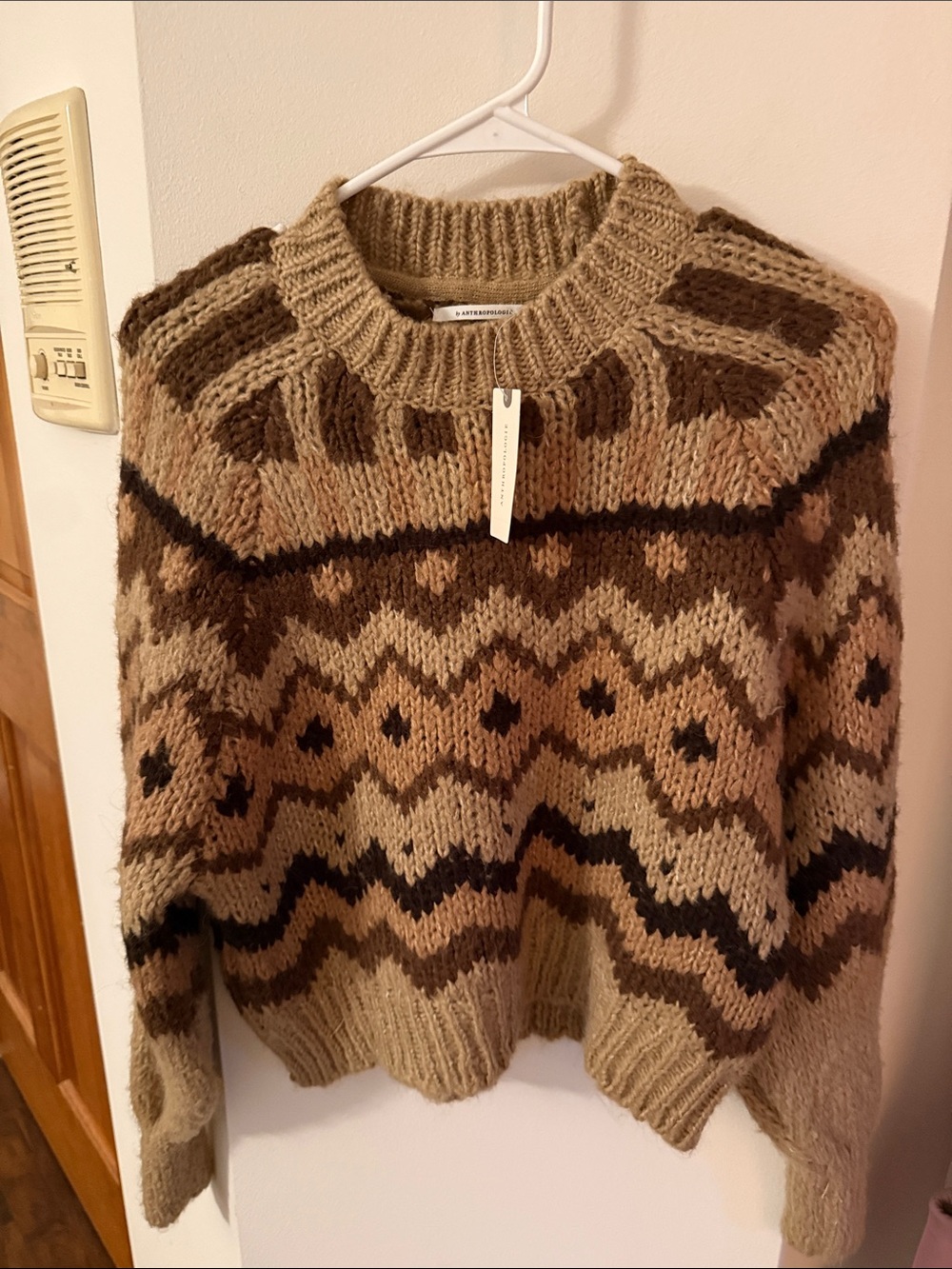 Anthropologie Chunky Fair Isle Crewneck Sweater in Beige and Brown
